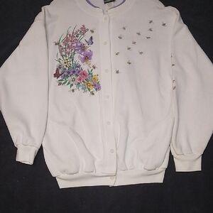 Coldwater Creek Bees And Butterflies White Cardigan Sweatshirt Large